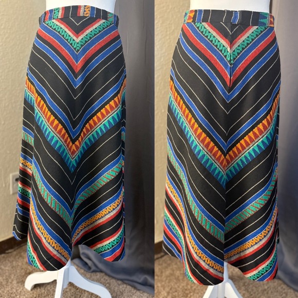 Vintage Dresses & Skirts - Vintage Southwestern Woven Chevron Stripe A-Line Midi Skirt Black Multi Sm/Md
